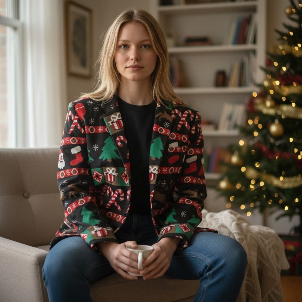 Dec 25th Christmas Blazer Women XL Black Multi Excellent Holiday Fair Isle Santa